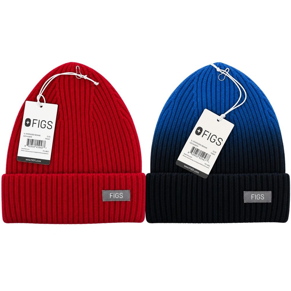 FIGS Ombre Blue Black + Red Oversized Knit Beanies Hat One Size NWT 2 Pack